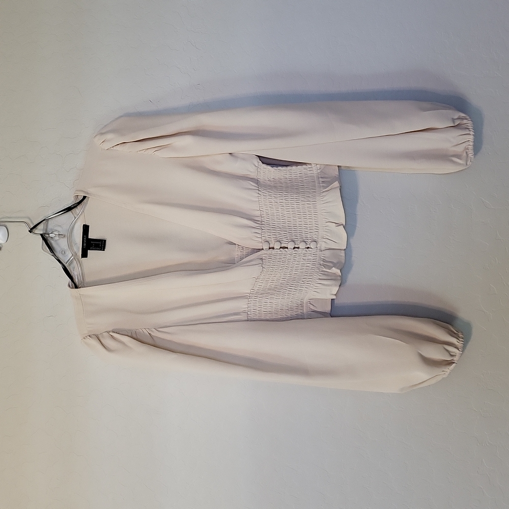 Forever 21 Cream Long-Sleeve Cropped Smocked Small Covered Button's Size Medium